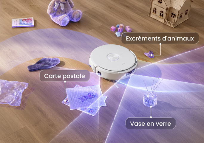 Scène de reconnaissance d'obstacles TwinAI avec les étiquettes Carte postale, Vase en verre et Dégâts d'animaux